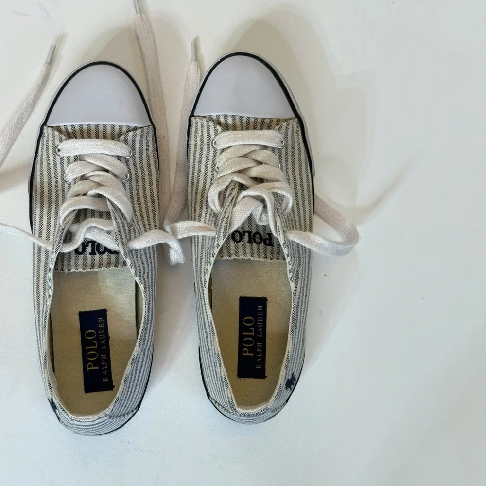 Polo Ralph Lauren Parnell Womens Sneaker 7.5B Blue White Striped Canvas Shoe